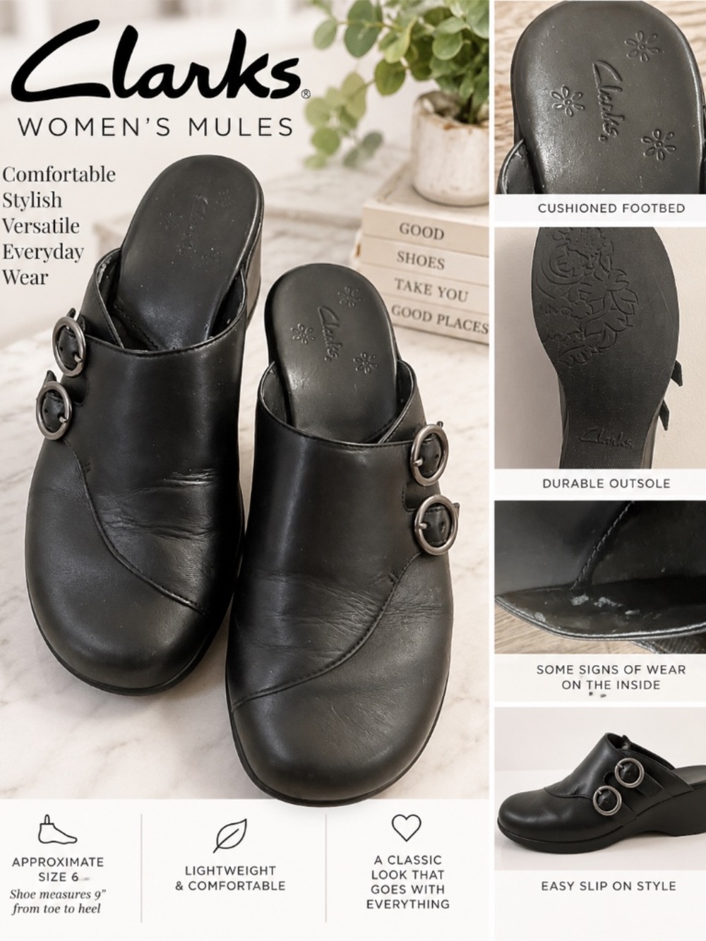 Clarks Black Double Buckle Slip-On Mules Clogs Approx Size 6
